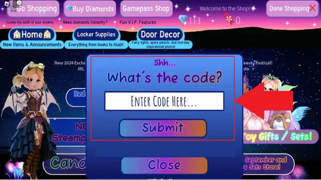 Royale High Code Redemption Menu