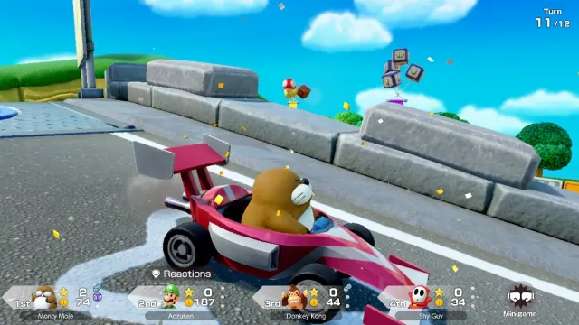 Super Mario Party Jamboree Monty Mole in an F1 car.