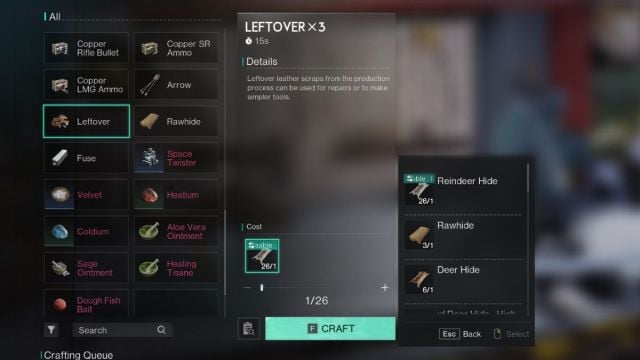 The Leftover item in the supplies bench crafting menu, showing players how to make Leftovers.