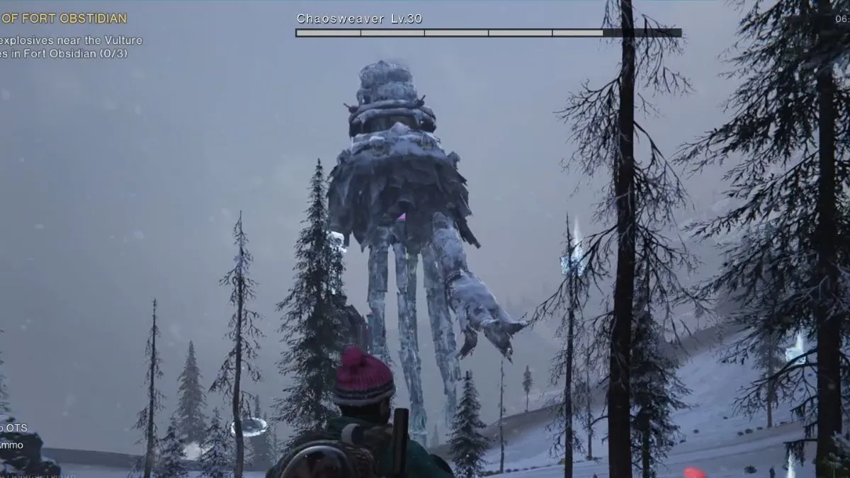 A player approaches the gigantic Chaosweaver in The Way of Winter in Once Human.