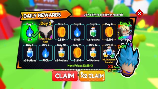 Anime Slashing Simulator Daily Rewards menu.