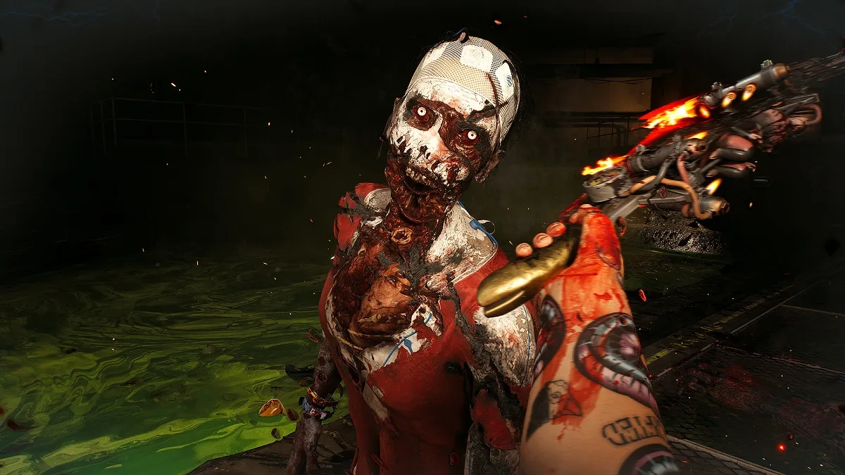 Dead Island 2: a hand holding a heavy weapons swings around to hit a close-up zombie in the face.