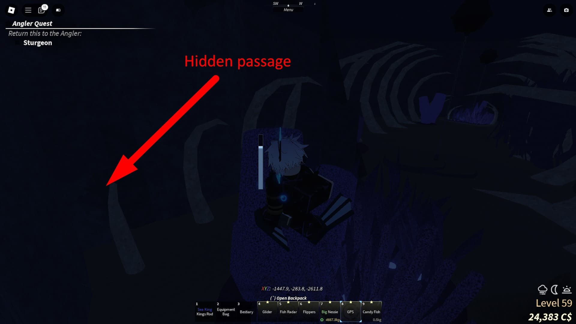 Path to the Trident Rod in the Desolate Pocket in Fisch Roblox