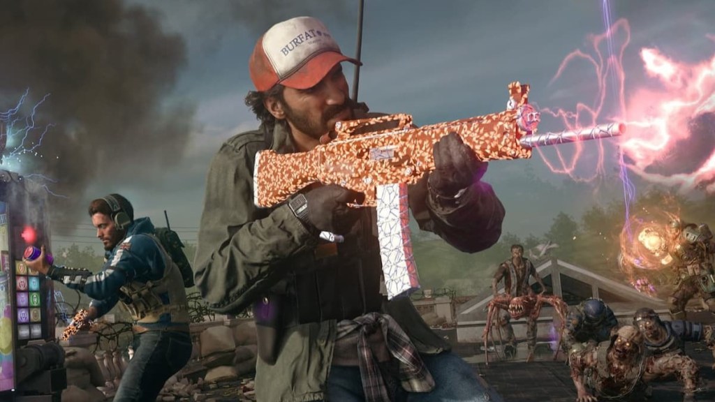 A screenshot from COD: Zombies featuring a flashy, ugly mag-fed shotgun.