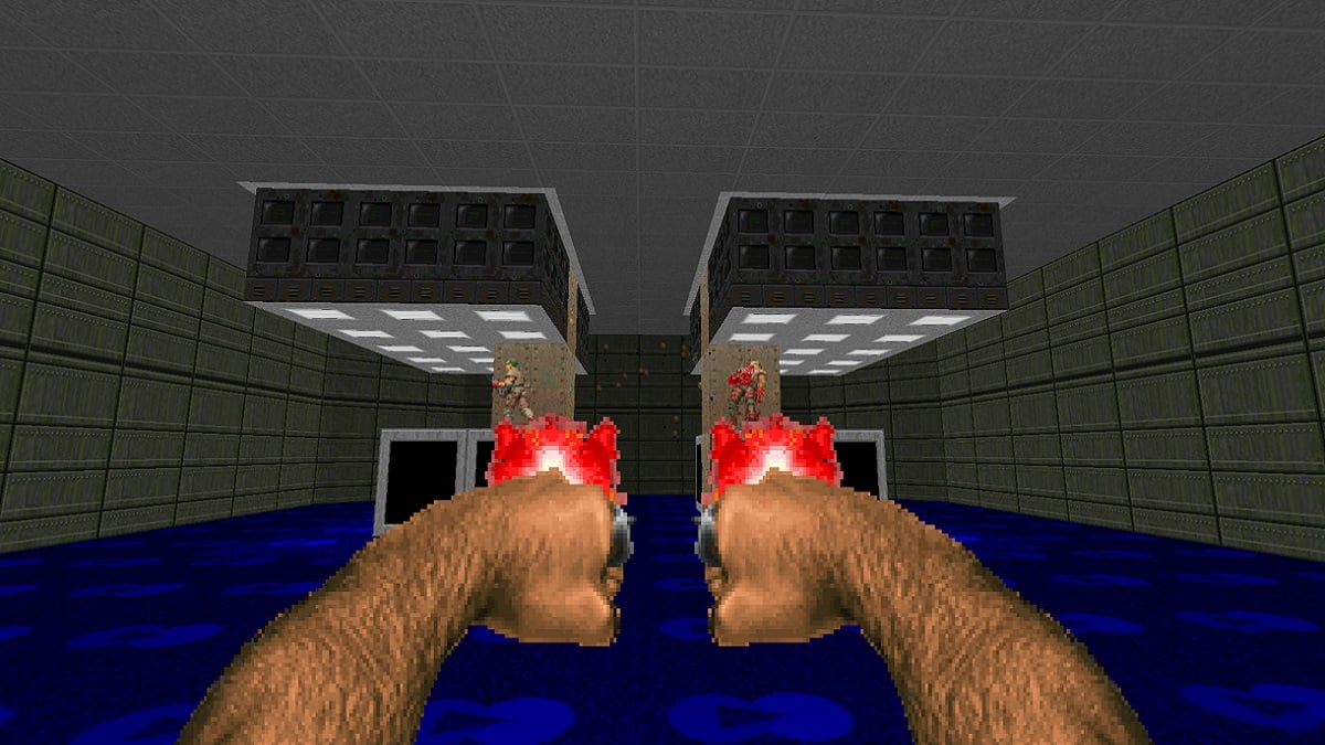 Doom 2: balls of fire emerge from Doomguy's two fists.