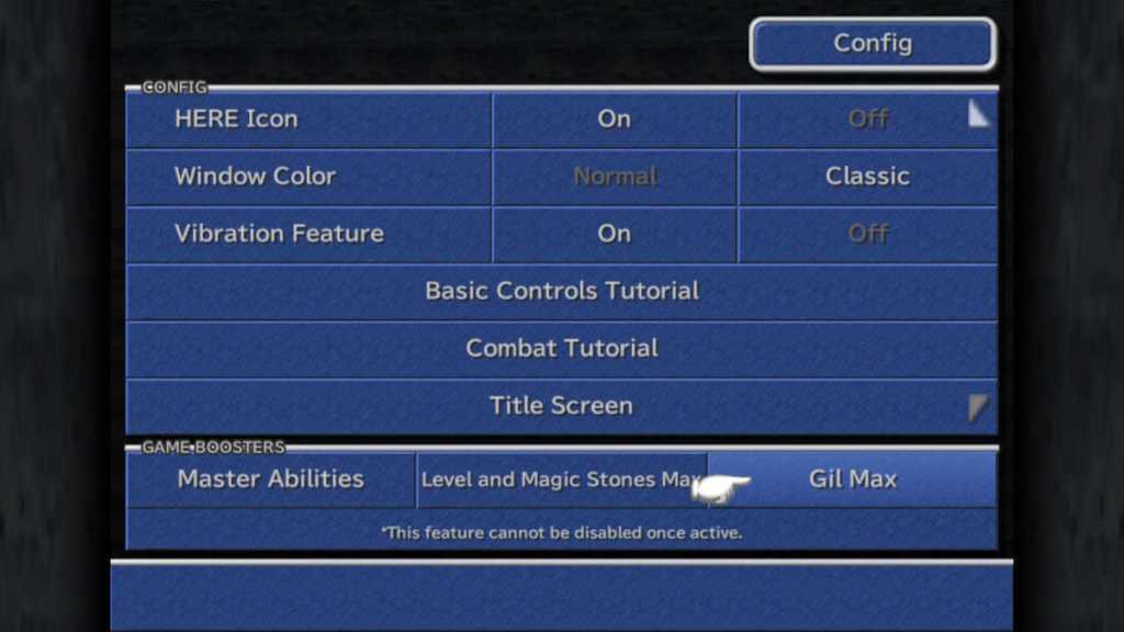 Config menu cheats in Final Fantasy IX on Nintendo Switch