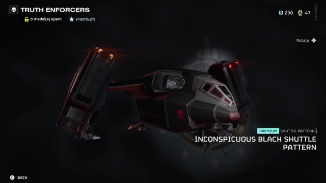 Everything in Helldivers 2 - Truth Enforcers Warbond and their cost - Inconspicuous Black shuttle pattern