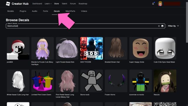 How to browse decals in Roblox Creator Hub