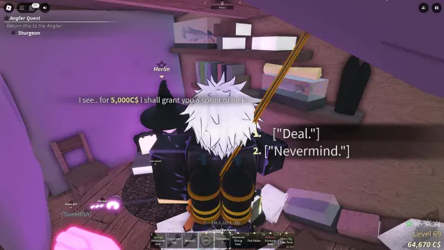 Player buying a Luck Boost from Merlin in Fisch Roblox