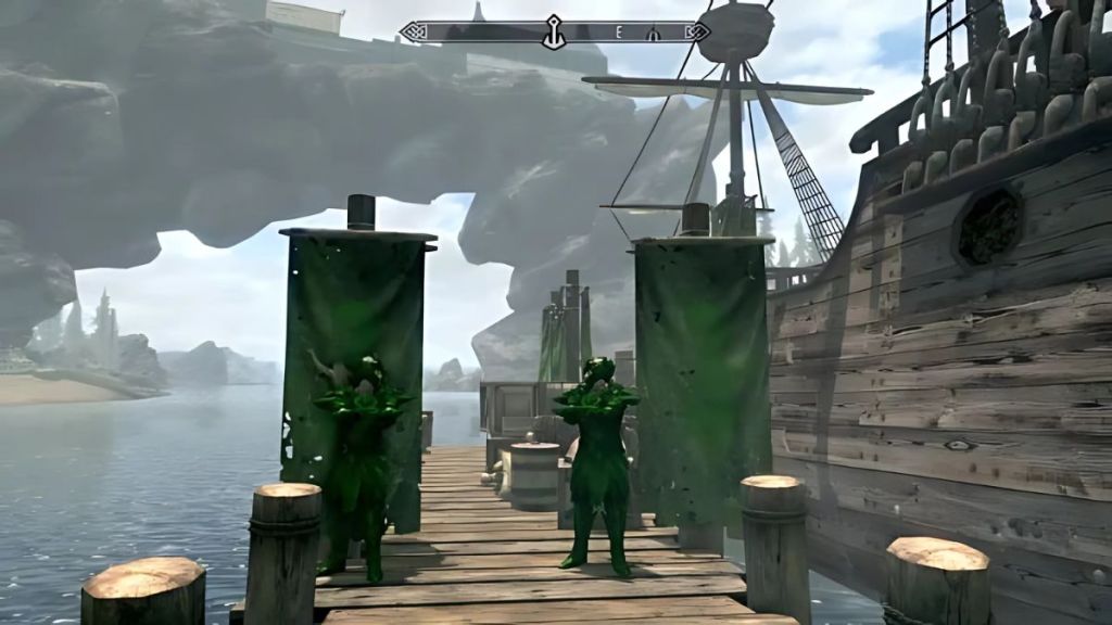 Skyrim: two green-armored soldiers stand by a wooden ship at the docks in Solitude.