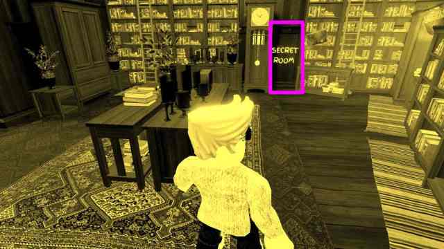 Secret room entrance in the room with the clock in the Haunt Roblox