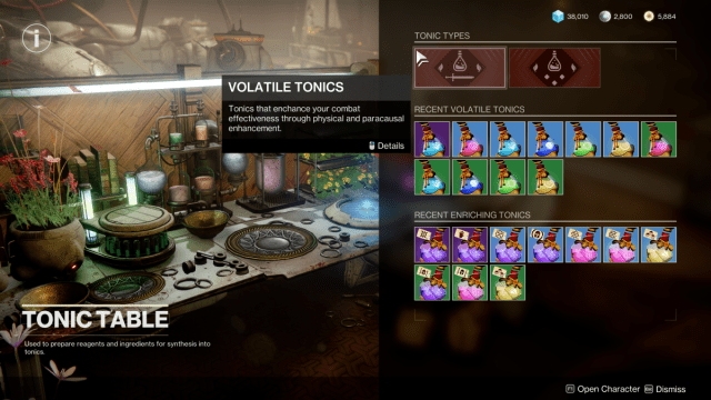 Destiny 2 Tonic crafting menu.