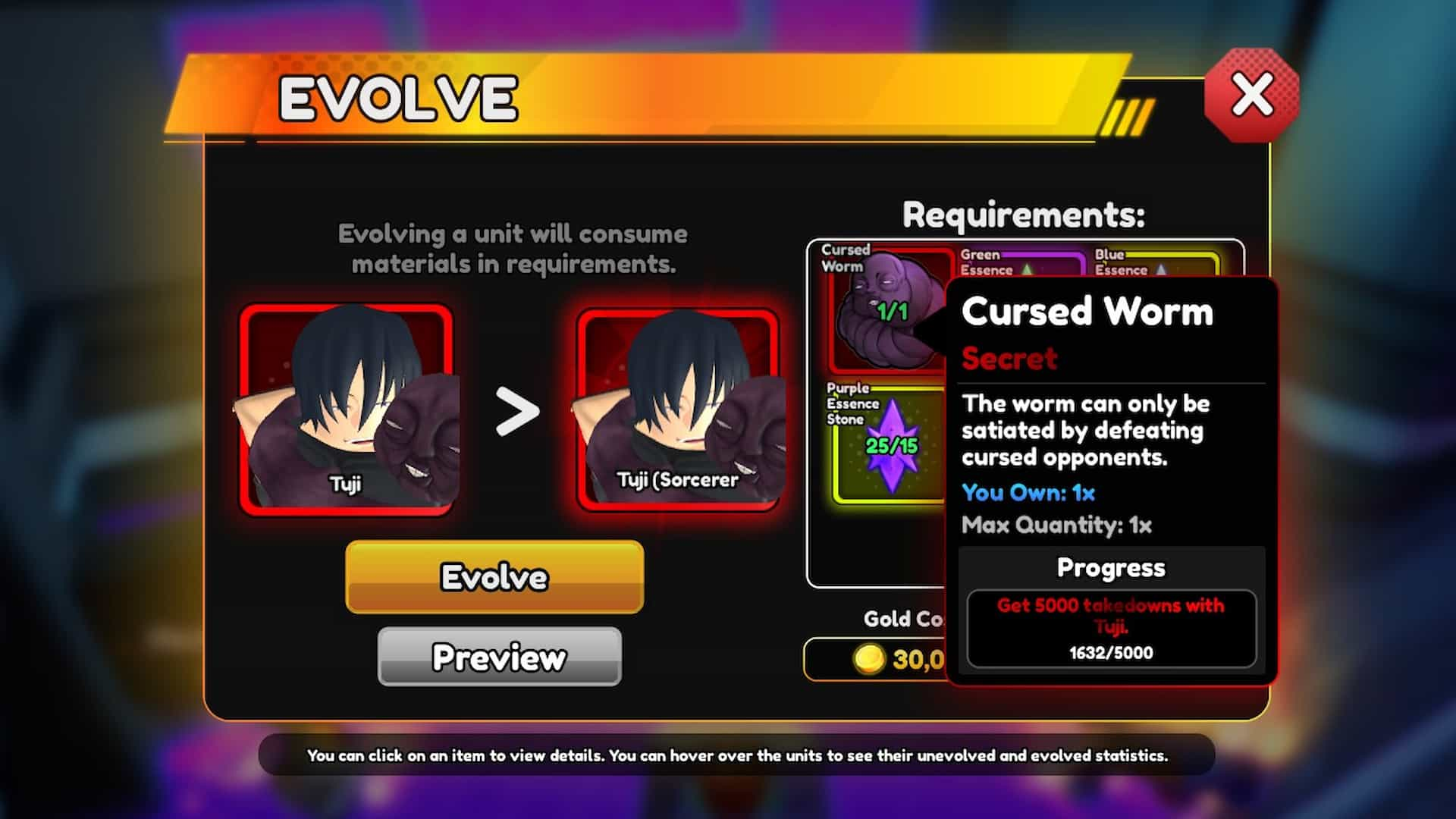 Toji (Tuji) evolve menu in Anime Vanguards