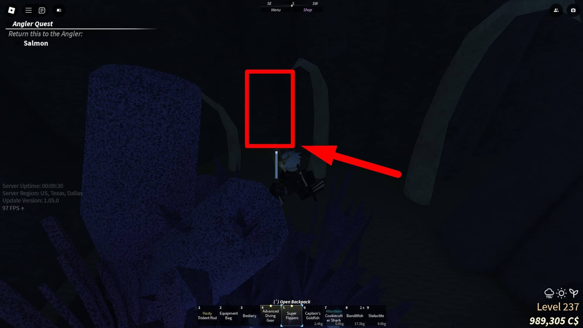 Trident Rod door secret passage location in the Fisch Roblox experience