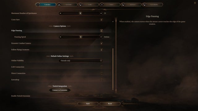 Baldur's Gate 3 Edge Panning settings in the Options menu.