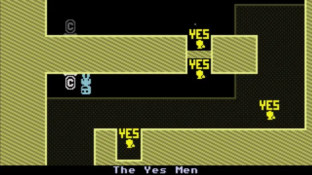 A screenshot of VVVVVV featuring the player character upside down surrounded by Yes Men