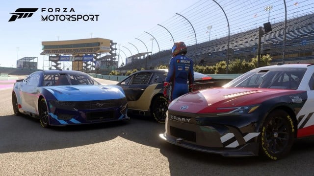 An official Forza Motorsport screenshot featuring Update 14's new-gen NASCAR vehicles.