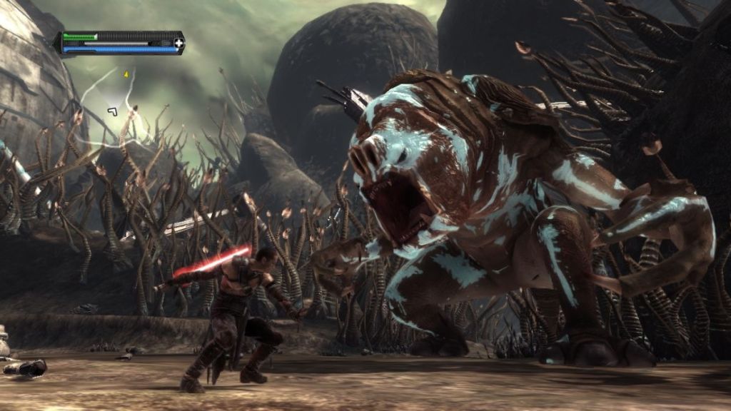 Gameplay of Starkiller fighting a Rancor in The Force Unleashed.