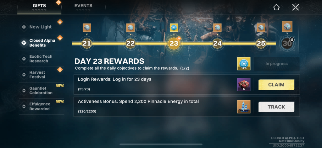 Alpha tester rewards in Destiny: Rising