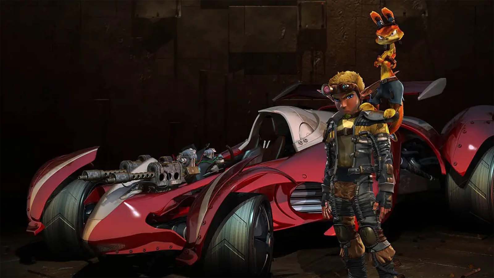 Jak and Daxter and their armed vehicle.