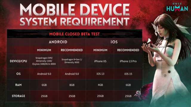 The Once Human minimum and recommended system requirements for mobile devices on both Android and iOS.