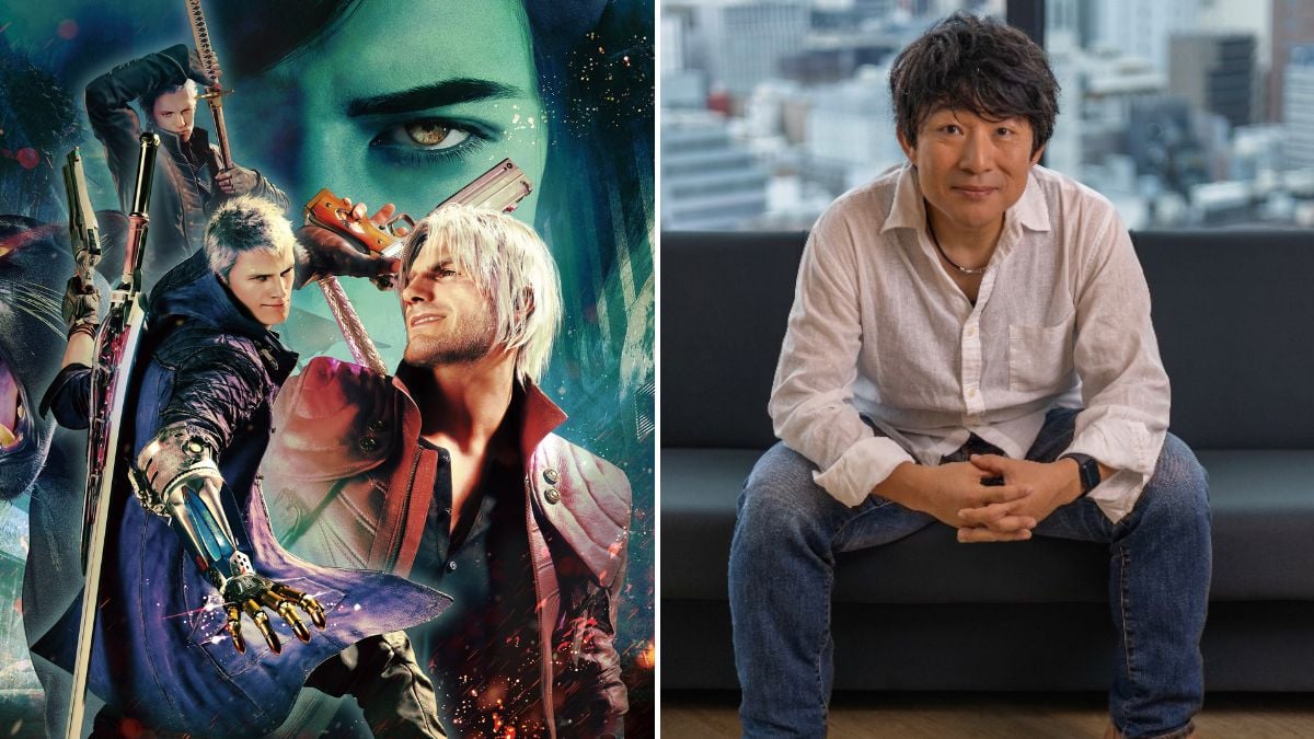 Promotional image of Devil May Cry 5 and a photo of Hideaki Itsuno at LightSpeed Studios