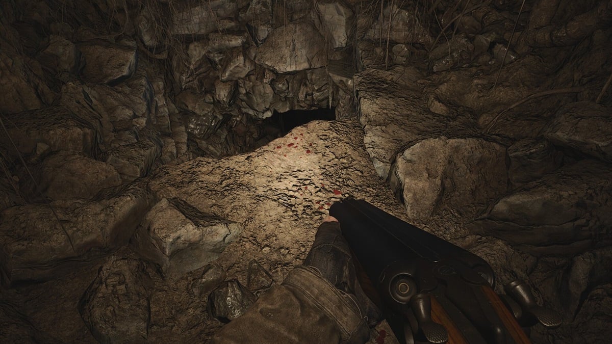 An ominous STALKER 2 screenshot showing a trail of blood leading deep into an unnatural cave.