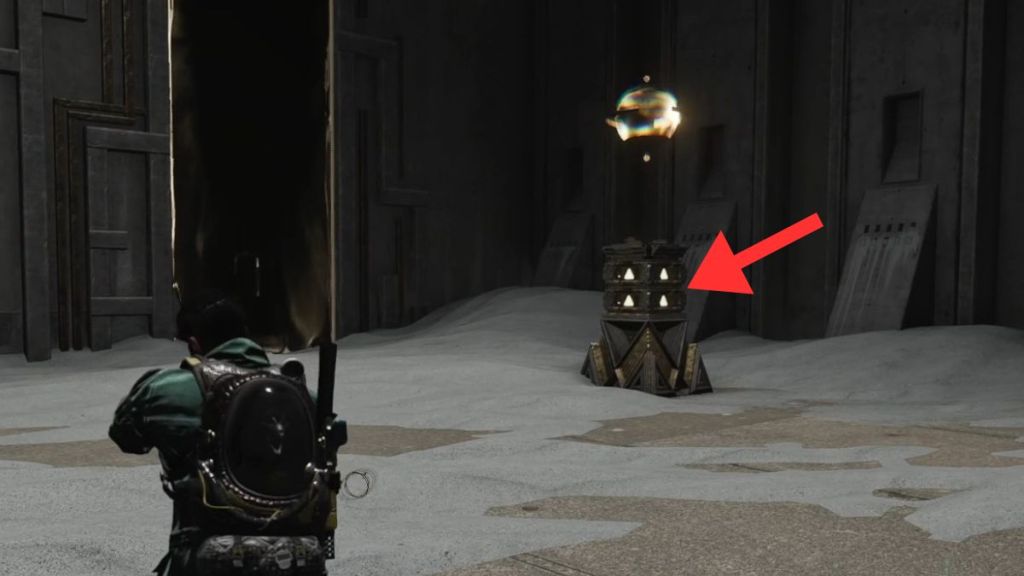 The pillars in the Zone of Haze in Once Human highlighted by an arrow for reader reference on the mechanics of the dungeon.