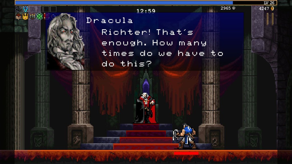 Dracula talks to Richter in Vampire Survivors. 