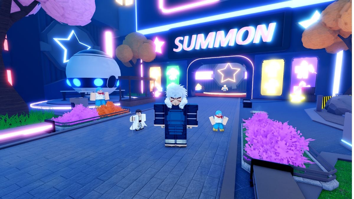 A player standing in front of the Summon area of the main lobby with his units in Anime Genesis Roblox experience.