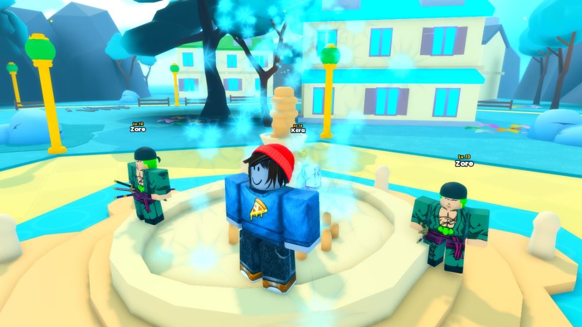 Character and Pets standing in front of a fountain in Anime Shadow Roblox