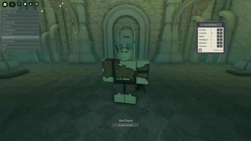 Player distributing attribute points during character creation in the Deepwoken Roblox experience