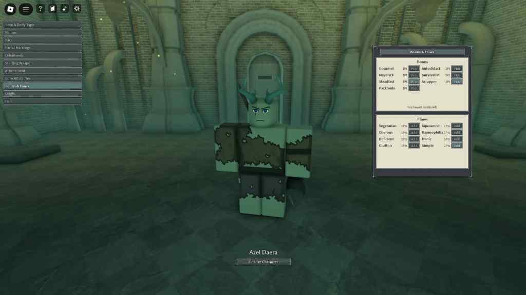 Player picking boons and flaws during character creation in the Deepwoken Roblox experience