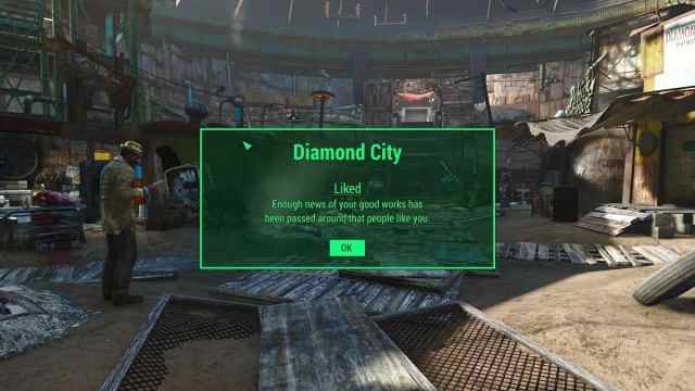 Fallout 4: a green message on-screen explains how the player's repuattion in Diamond City means the are now "liked."