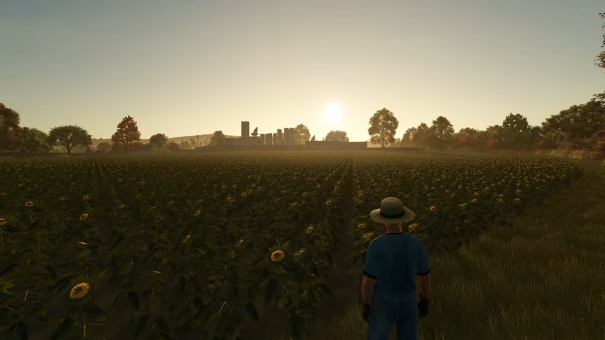 A farmer overlooking a crop field in Farming Simulator 25