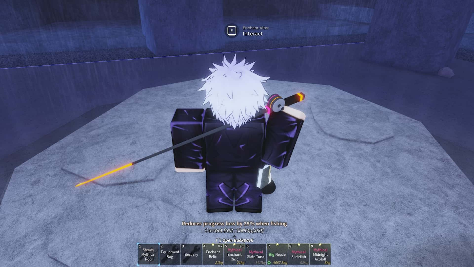 Player enchanting a rod at the Keepers Altar in Fisch Roblox