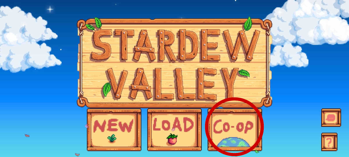 Stardew Valley on a mobile device with Co-op button available