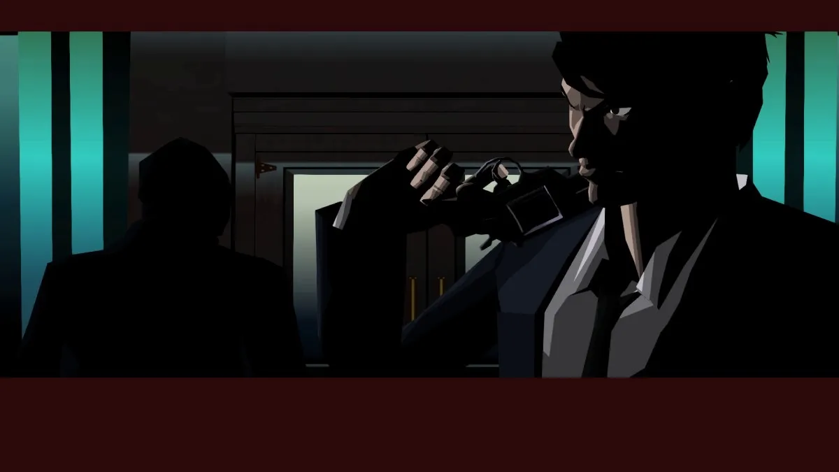 Dan Smith from killer7 stands in a darkened hallway, his revolver slung over his shoulder.