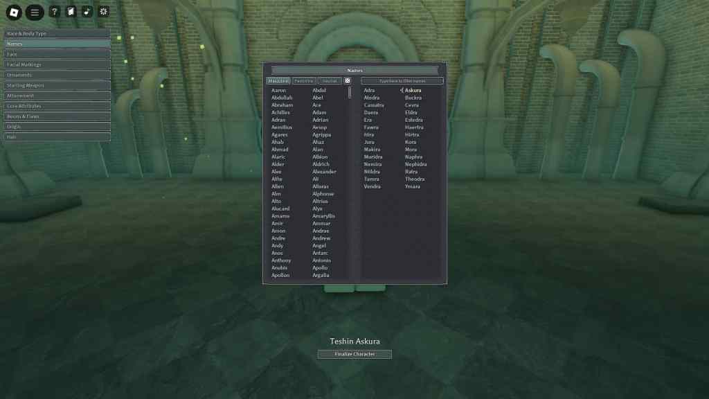 Player choosing a name during character creation in the Deepwoken Roblox experience