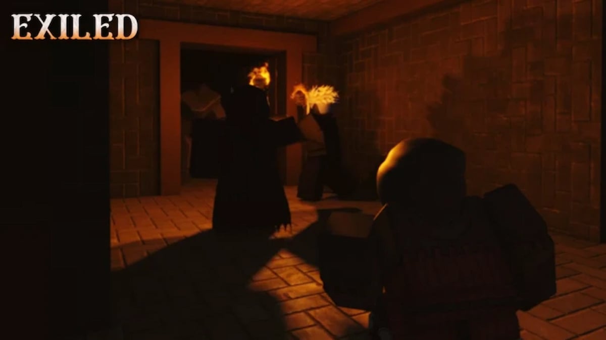 roblox exiled player heads into the dungeon with a torch and his coop party