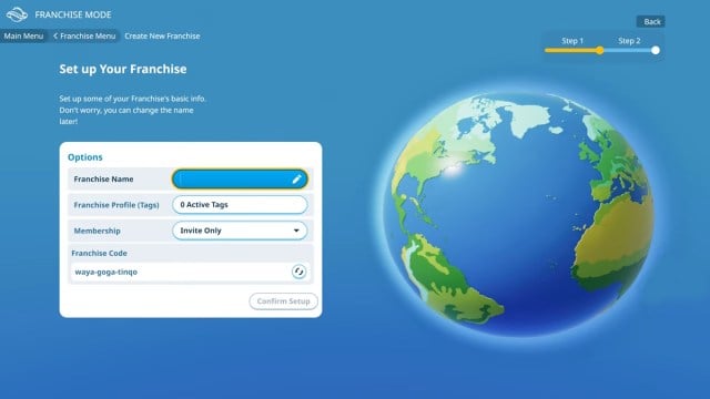 Franchise Mode menu in Planet Coaster 2