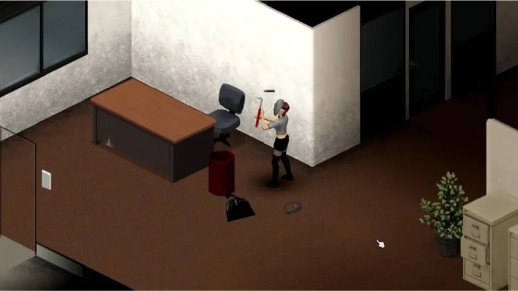 A player dismantles a metal trash can in Project Zomboid in order to gain the Metalworking skill. 