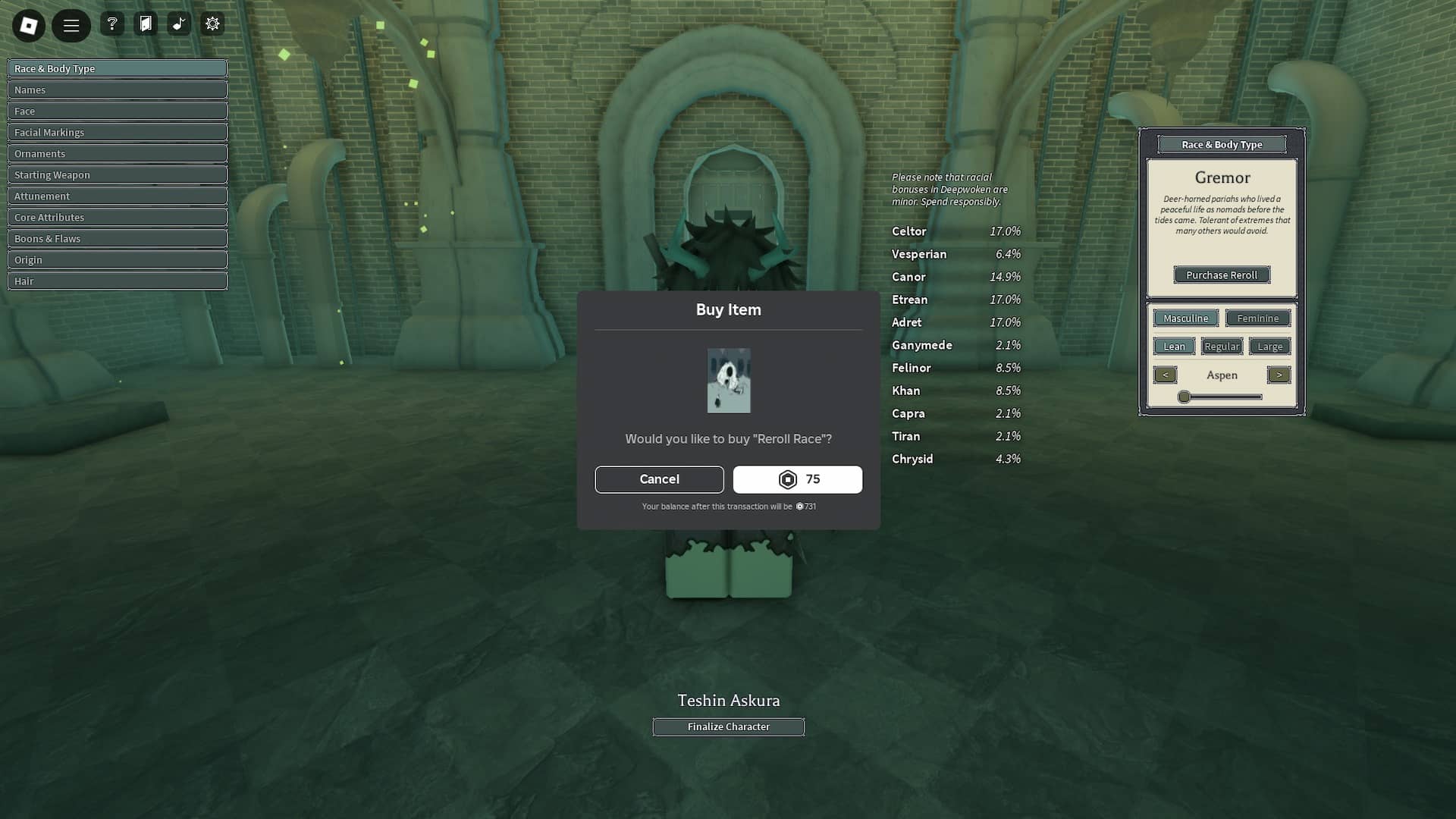 Player rerolling his race during character creation in the Deepwoken Roblox experience