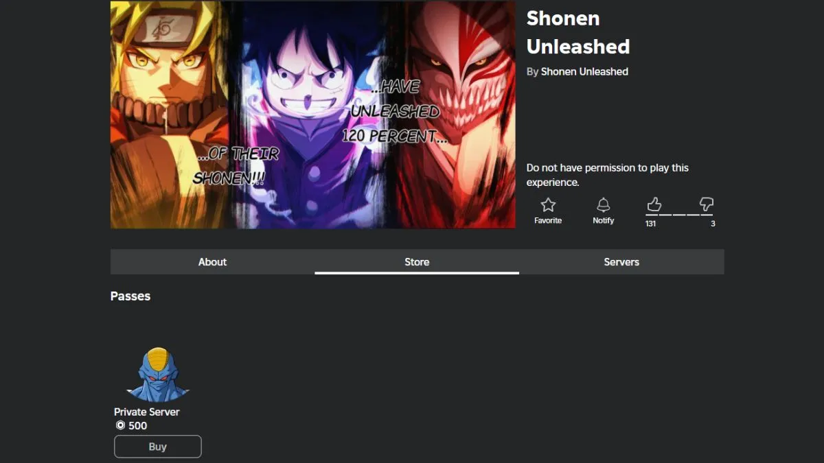 Private server purchase option for Shonen Unleashed Roblox experience