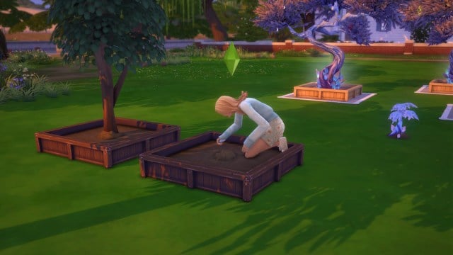 A Sim gardening their plants