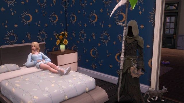 A Sim seduces the Grim Reaper in Sims 4