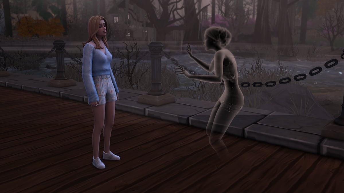 A Sim chats with a ghost in Ravenwood