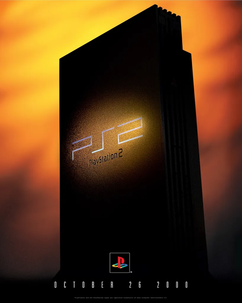 A PlayStation 2 stood upright with a burst of light coming from behind it, giving it a silhouetted look.