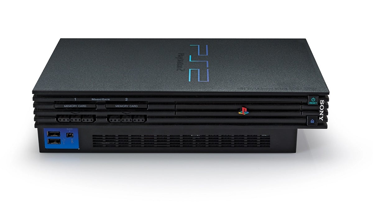 A Sony PlayStation 2 console on a white background.