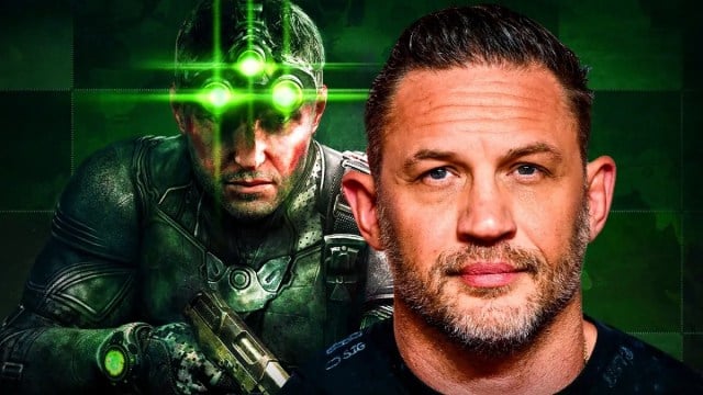 Splinter Cell: actor Tom Hardy in front of CIA operative Sam Fisher, who's wearing night-vision goggles.